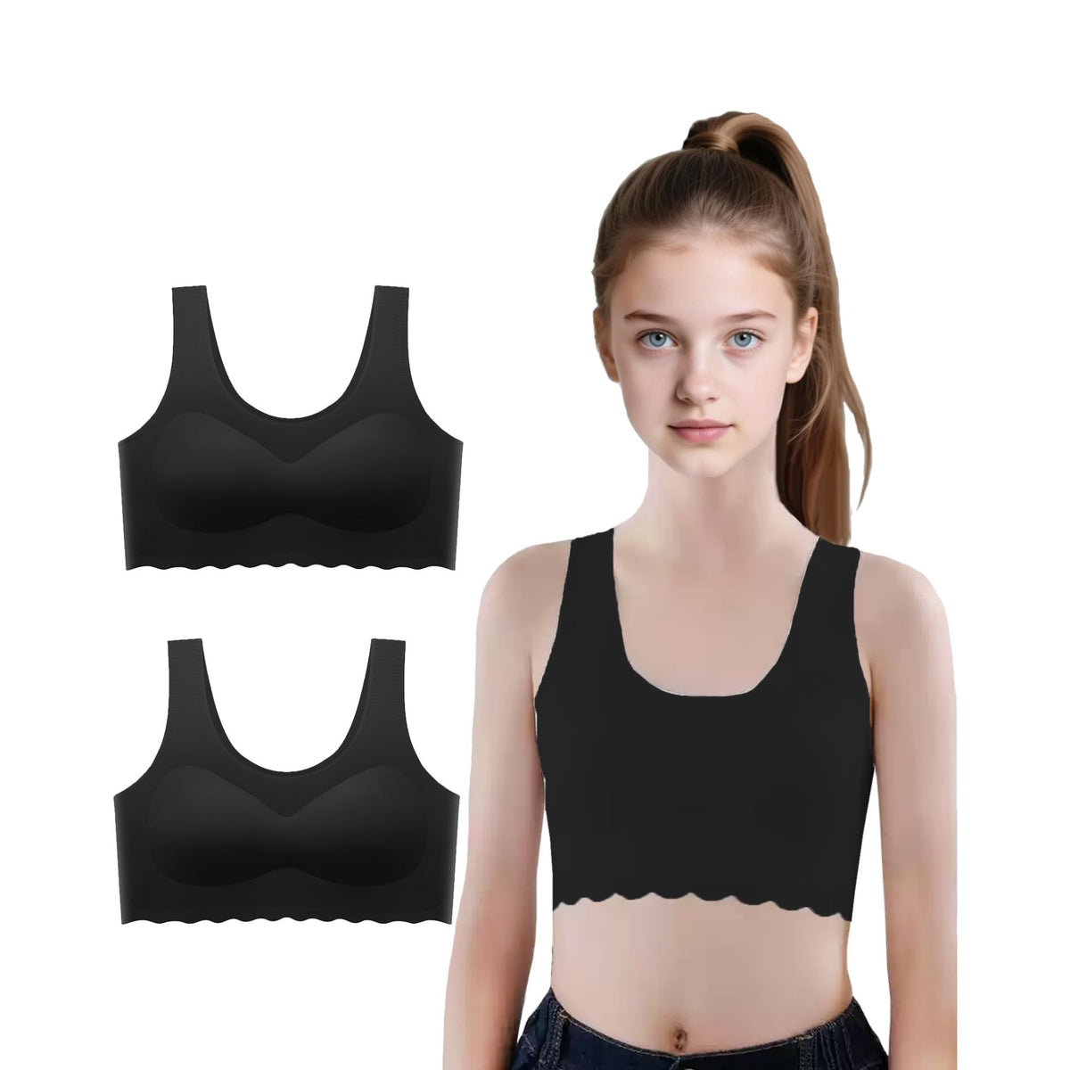 Brasier Sin Costuras Nina Pack 2 | 75% Nailon 25% Elastano | Relleno Extraible | Sin Aro | Borde Festoneado | Negro x2  (10 - 16T)
