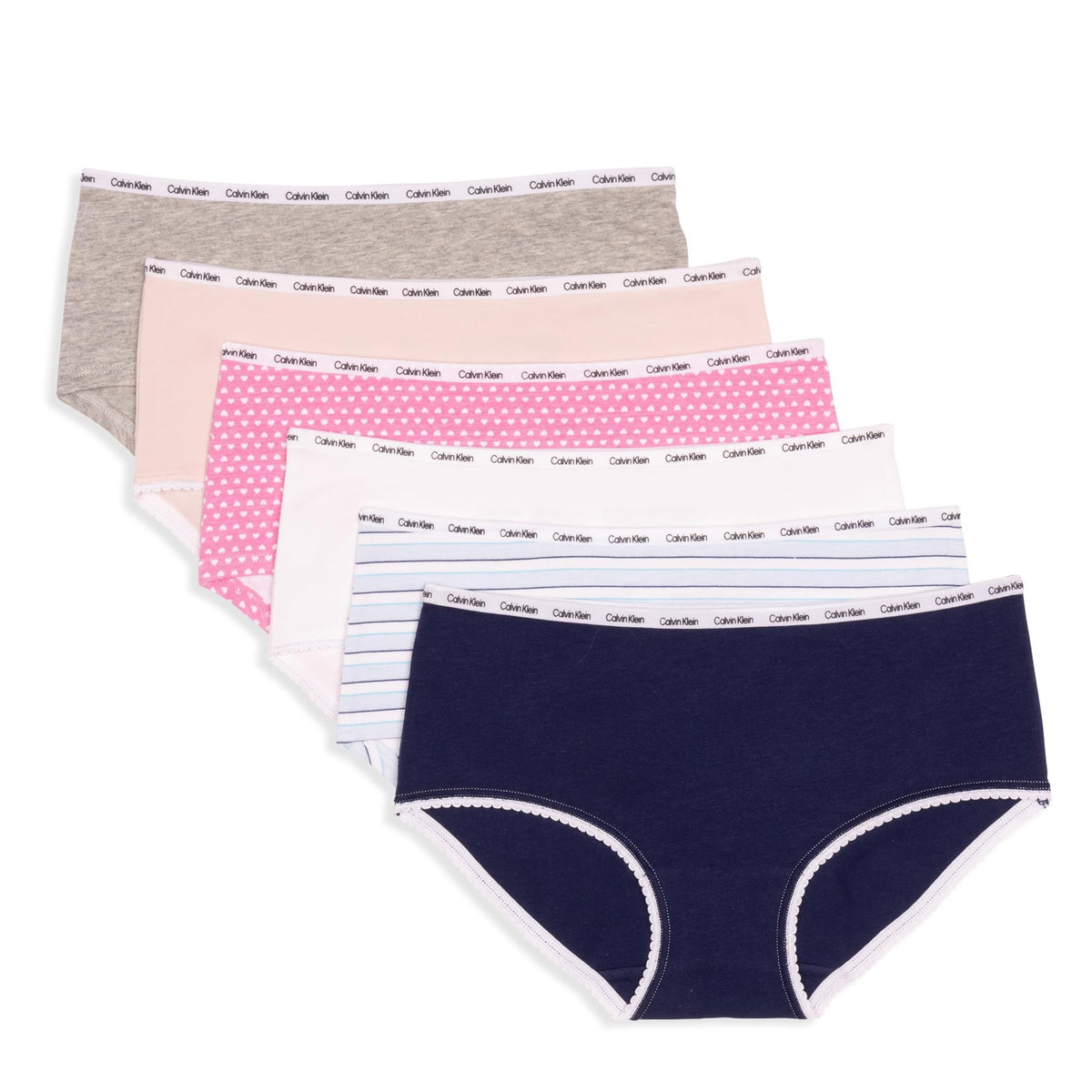 Calvin Klein | Panty Hipster Nina Pack 6 | 95% Algodon 5% Elastano | Detalle Ribete Picot | Cintura Logo CK | Rayas CK (Solo 6T)