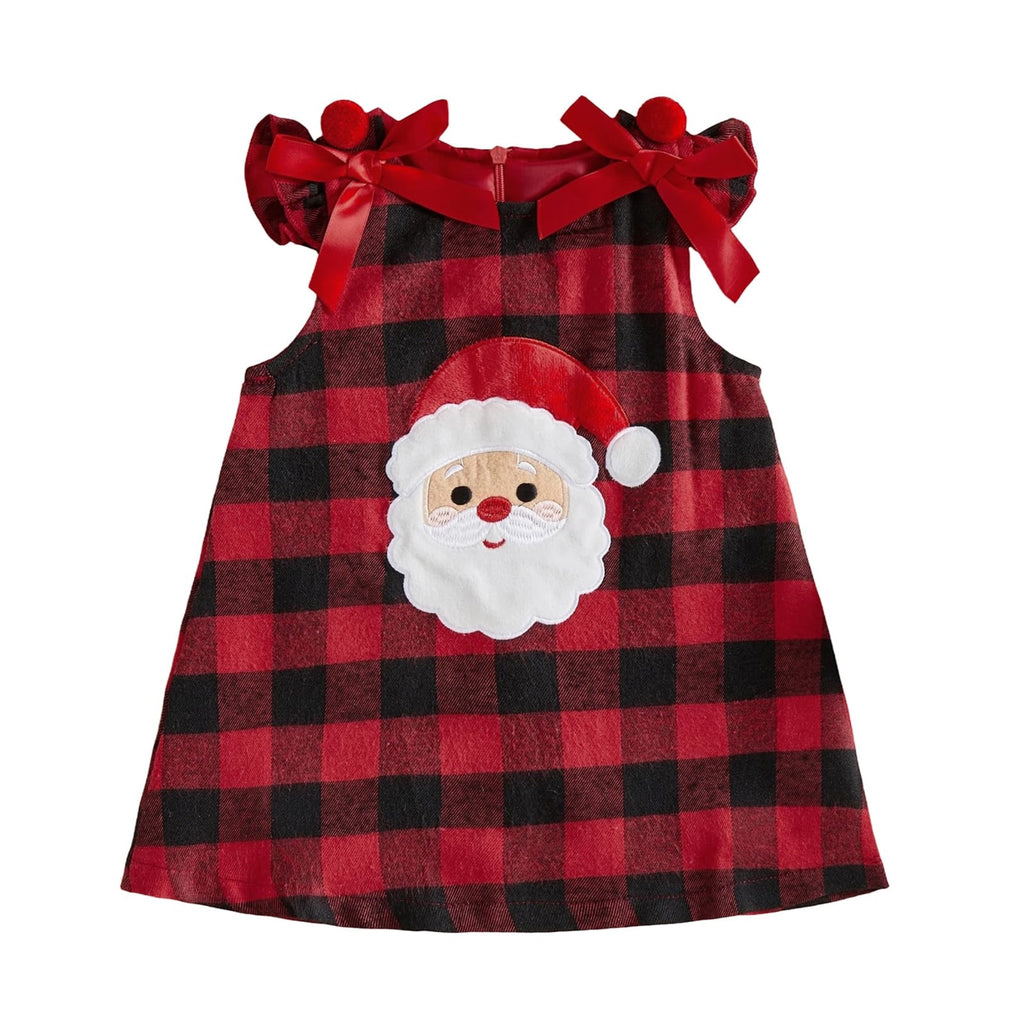 Santa Buffalo Girl | Vestido Cuadros Búfalo Rojo/Negro Niña — Manga Mariposa + Aplicación Papa Noel 3D + Lazos Rojos + Pompones