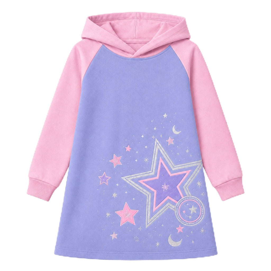Vestido hoodie lila y rosa de manga larga ragán con gráfico de estrellas holográficas y lunas para niñas