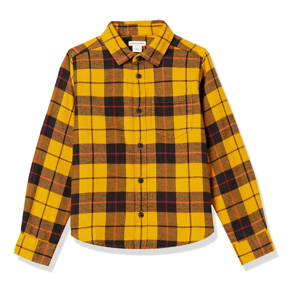 Amazon Essentials Camisa Franela Niño | Cuadros Amarillo/Negro/Rojo • Manga Larga • 100% Algodón
