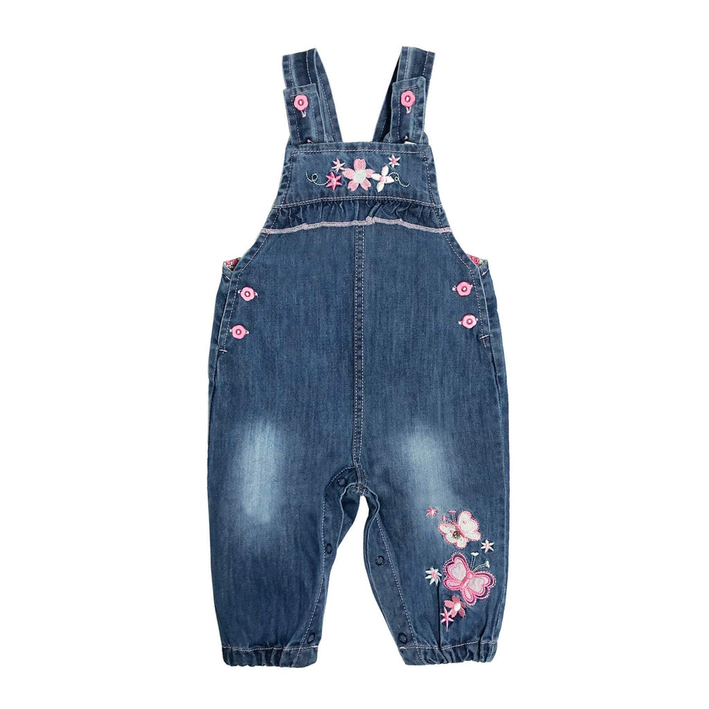 Overol Peto de Mezclilla Peacolate | Mariposas + Flores Bordadas Rosa | Puños Elásticos | Niña/Bebé (3M-3A)