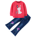 Conjunto 2 Piezas para Niña: Sudadera Coral Bunny Love con Lunares y Jeans Campana con Conejito bajo Seta Bordado