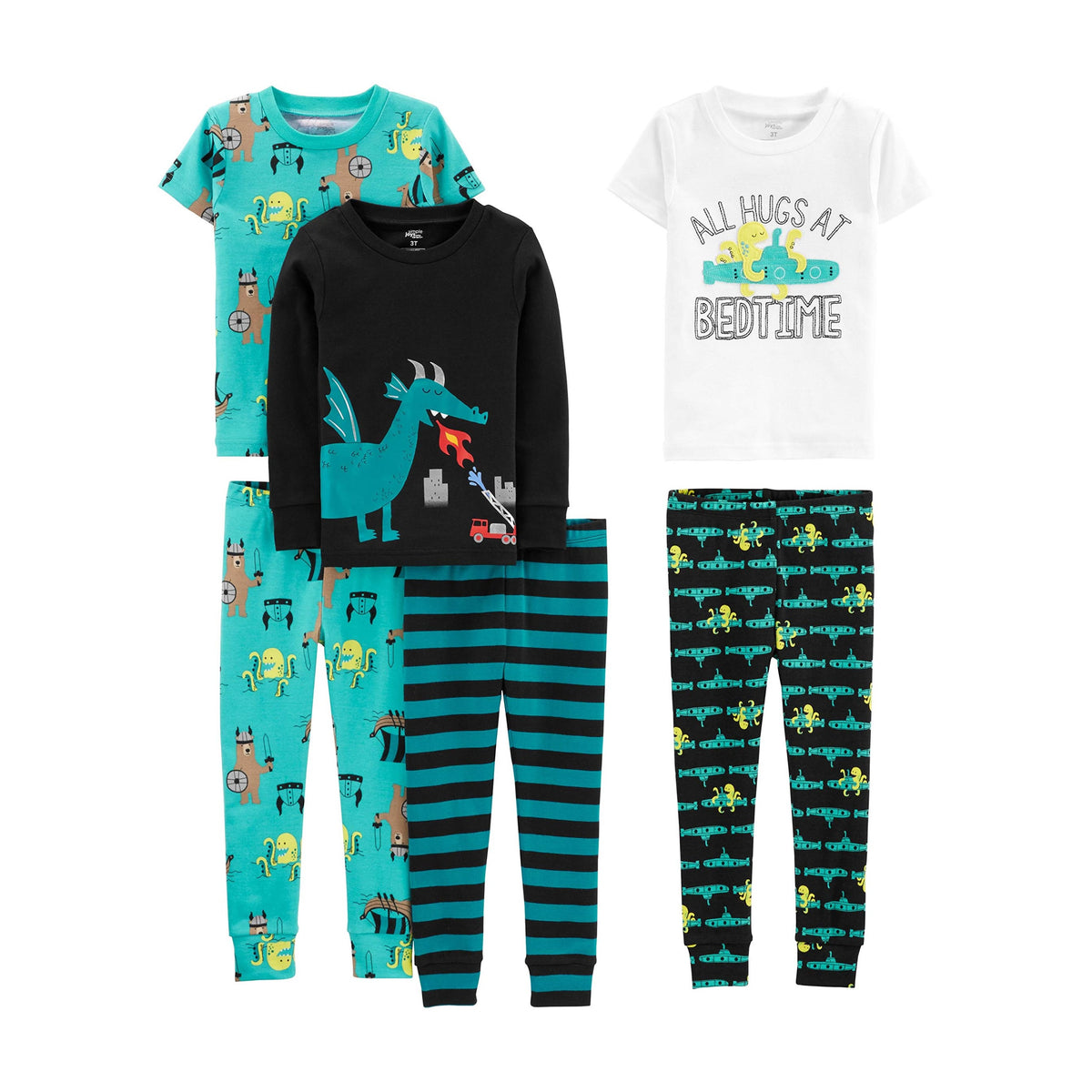 Set Pijama 6 Piezas Simple Joys by Carter's | 3 Conjuntos 100% Algodón + Dragón + Monstruos + Submarinos | Niño Aventura (4T - 8T)