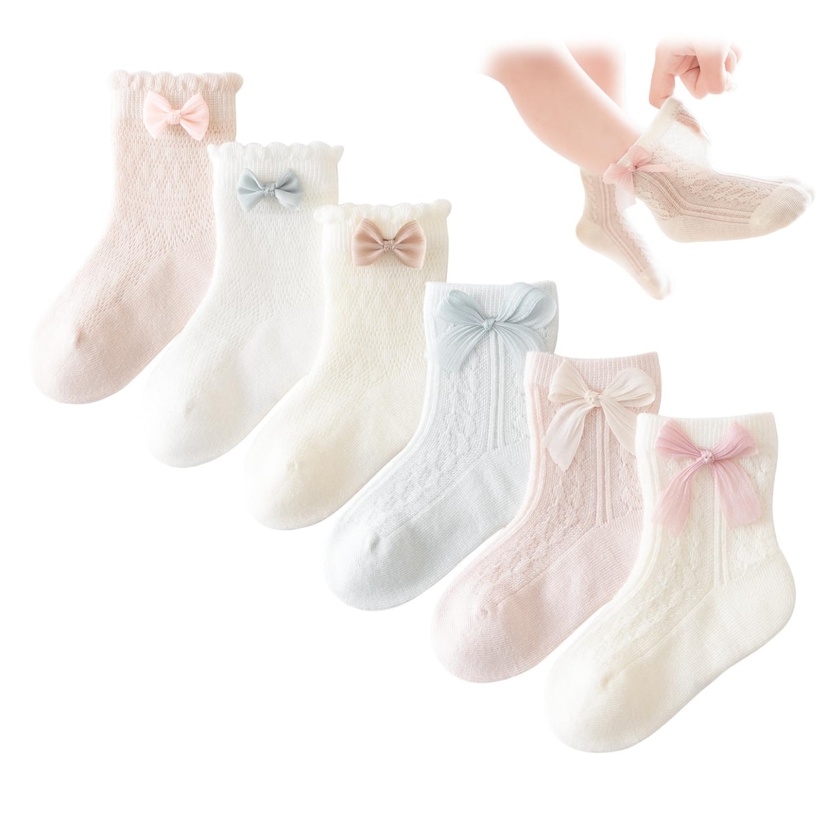 VIAOKUTH | Calcetines Bebé Niña Pack 6 Encaje Lazo Cosido Malla Transpirable Rosa Beige Blanco Verde