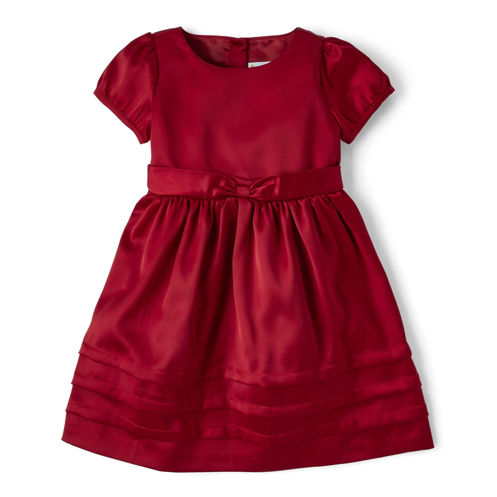 Gymboree vestido de fiesta rojo satén con lazo en la cintura y mangas cortas fruncidas – vista frontal