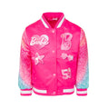 Chaqueta Bomber Varsity Barbie Oficial | Mangas Purpurina Degradada + 5 Parches Glitter + Satén Rosa | Niña Glam (4-16T)