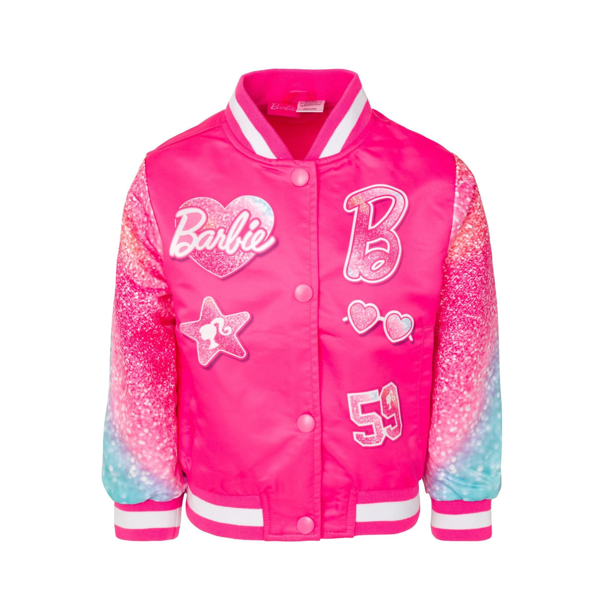 Chaqueta Bomber Varsity Barbie Oficial | Mangas Purpurina Degradada + 5 Parches Glitter + Satén Rosa | Niña Glam (4-16T)