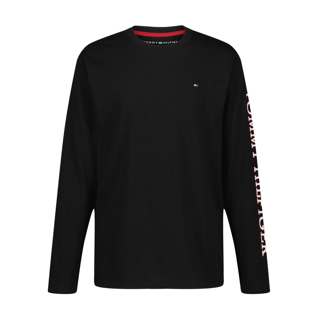 Tommy Hilfiger | Camiseta Niño Manga Larga Logo Bandera Bordado Texto Vertical Manga 100% Algodón Negro (8-16T)
