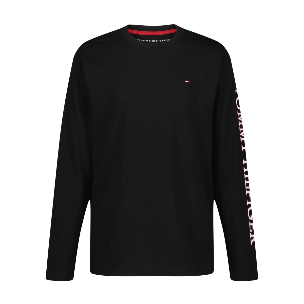 Tommy Hilfiger | Camiseta Niño Manga Larga Logo Bandera Bordado Texto Vertical Manga 100% Algodón Negro (8-16T)