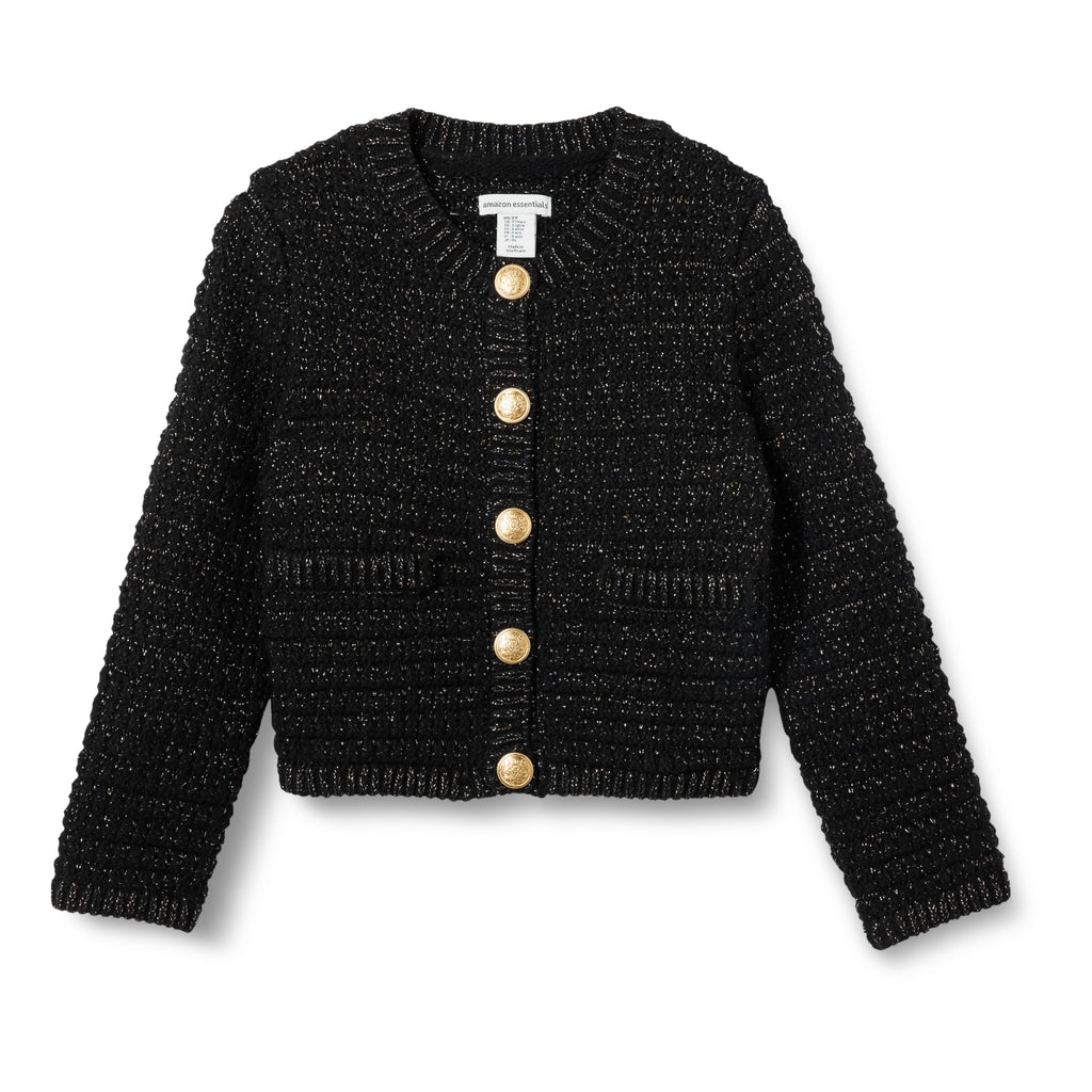 Amazon Essentials Cárdigan Niña | Negro Metalizado • Estilo Chanel • Botones Dorados