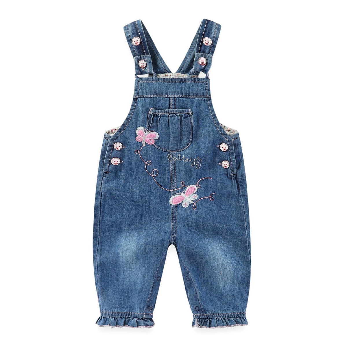 Overol Peto de Mezclilla Peacolate | Mariposas 3D + Texto Butterfly + Vol. Denim | Niña/Bebé (3M-3A)