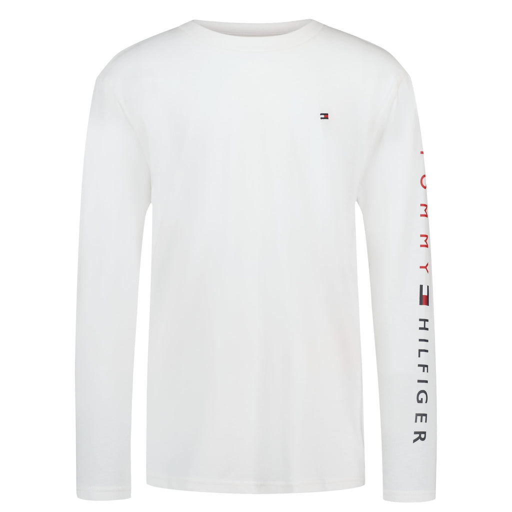 Tommy Hilfiger | Camiseta Niño Manga Larga Texto Vertical Manga Bicolor Rojo Marino Logo Bandera 100% Algodón Blanco (8-16T)
