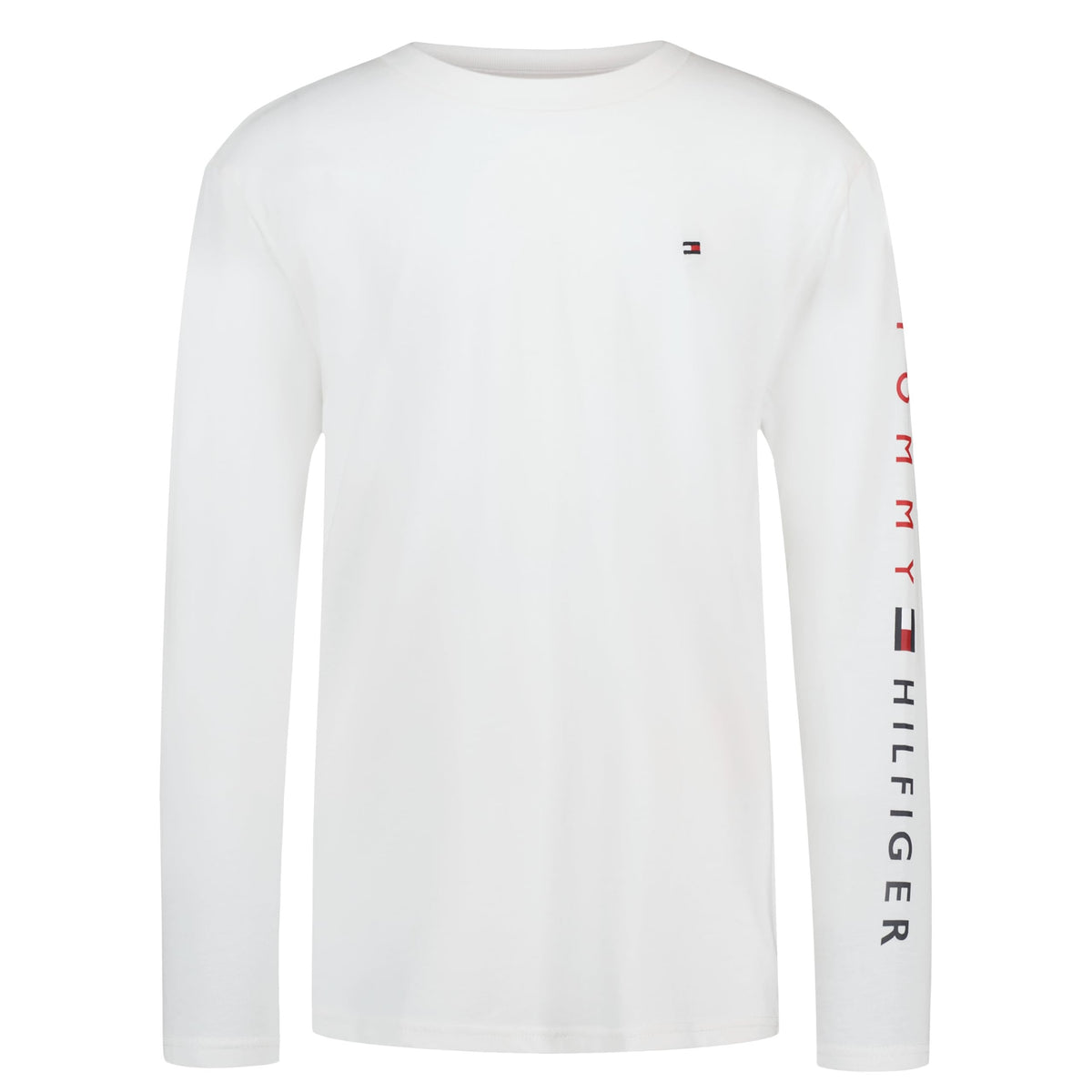 Tommy Hilfiger | Camiseta Niño Manga Larga Texto Vertical Manga Bicolor Rojo Marino Logo Bandera 100% Algodón Blanco (8-16T)