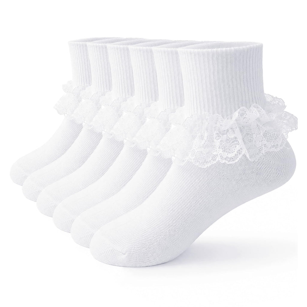 Funjoon | Calcetines Nina Pack 3 Pares Volantes Encaje Bordado Blanco Doble Uso Crew o Largo Costura Plana Uniforme Escolar Boda (2-10 T)