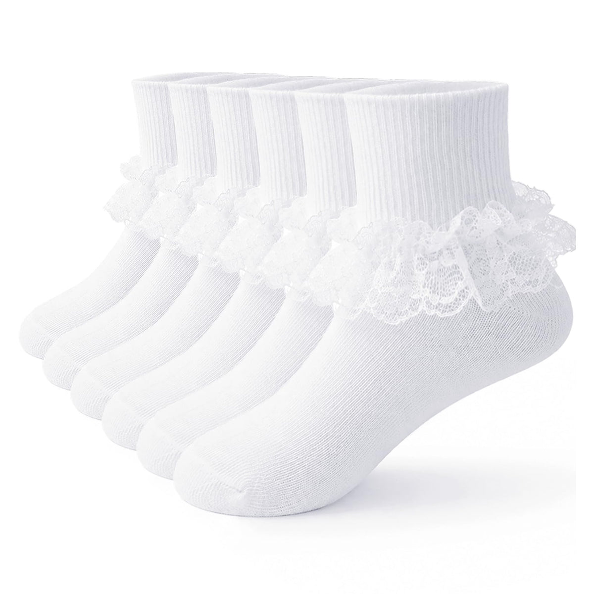 Funjoon | Calcetines Nina Pack 3 Pares Volantes Encaje Bordado Blanco Doble Uso Crew o Largo Costura Plana Uniforme Escolar Boda (2-10 T)