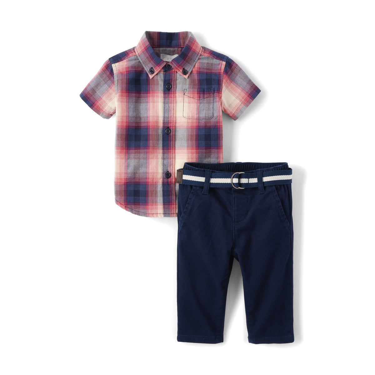 Conjunto 3 Piezas The Children's Place | Camisa Cuadros Rojo Navy + Chino Navy + Cinturón | Bebé Niño  (0M - 18M)
