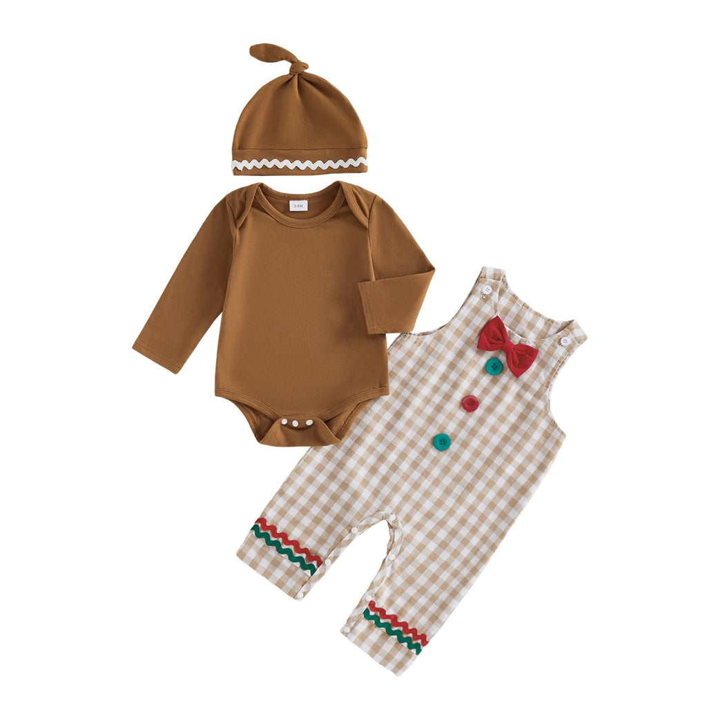 Gingerbread Boy Newborn Set | Conjunto 3 Piezas Bebé — Body Café + Overol Cuadros Beige + Gorro Nudo