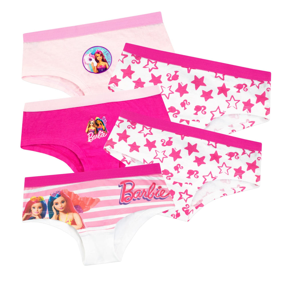 Barbie | Panty Bikini Nina Pack 5 | 100% Algodon | Transpirable | Cintura Elastica | Barbie y Amigas + Estrellas + Logo (7 - 12T)