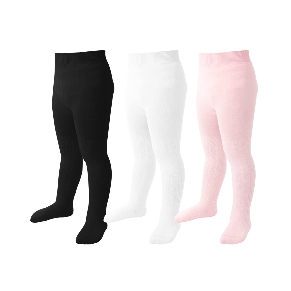 Pack 3 Mallas Punto Trenzado Cable Knit Mini Angel | Sin Costura + Algodón Peinado + Negro Blanco Rosa | Bebé Niña 0-6 Años