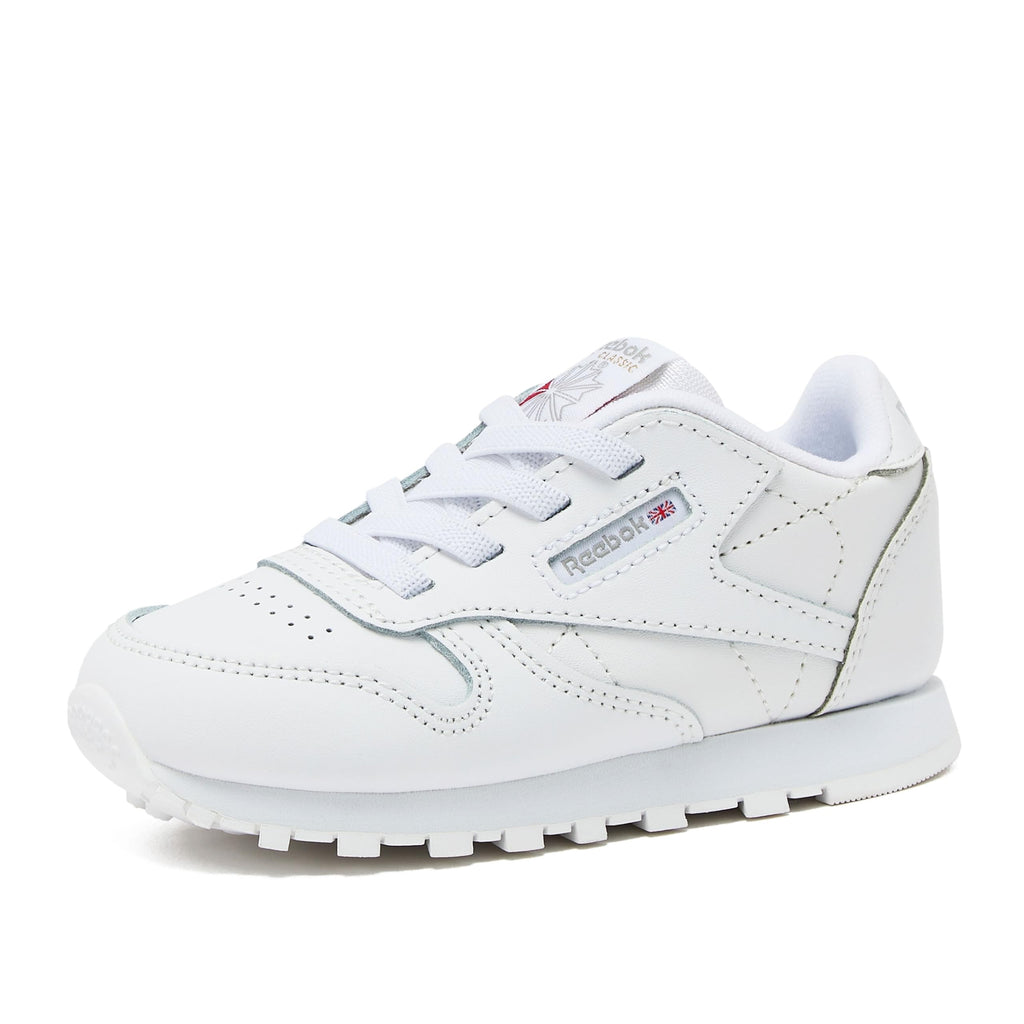 Reebok  -Tenis Casuales de Piel Reebok Classic Leather con Cordones para Niños (Blanco/Blanco) (Talla 20 - 26)