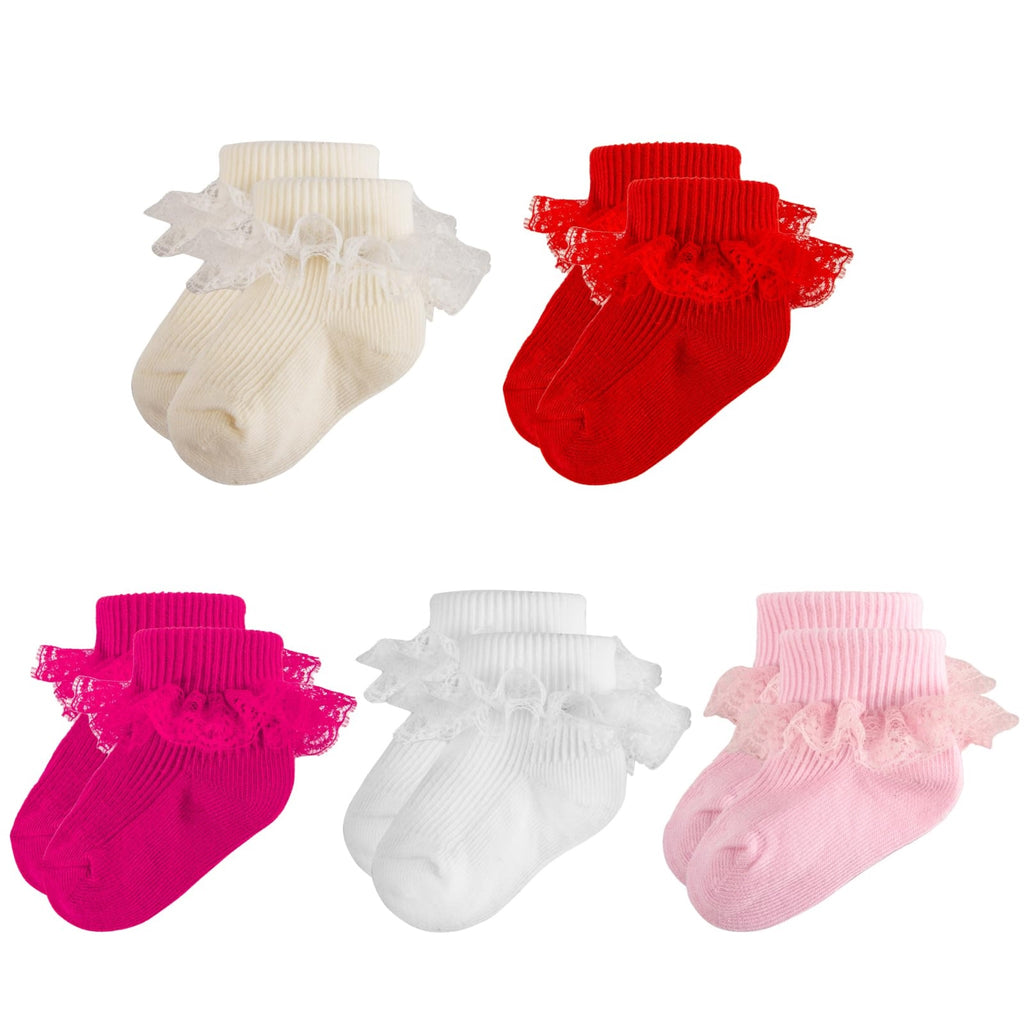 Calcetines Bebé Niña Pack 5 Algodón Canalé Encaje Volante Clásico Crema Rojo Fucsia Blanco Rosa