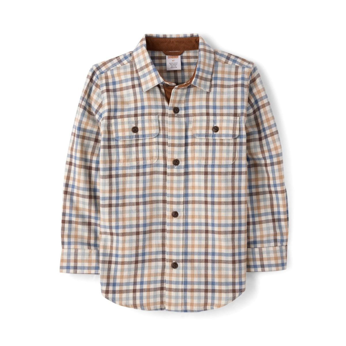 Gymboree camisa de franela tartán manga larga en crema, azul celeste y café con botones marrón para niños