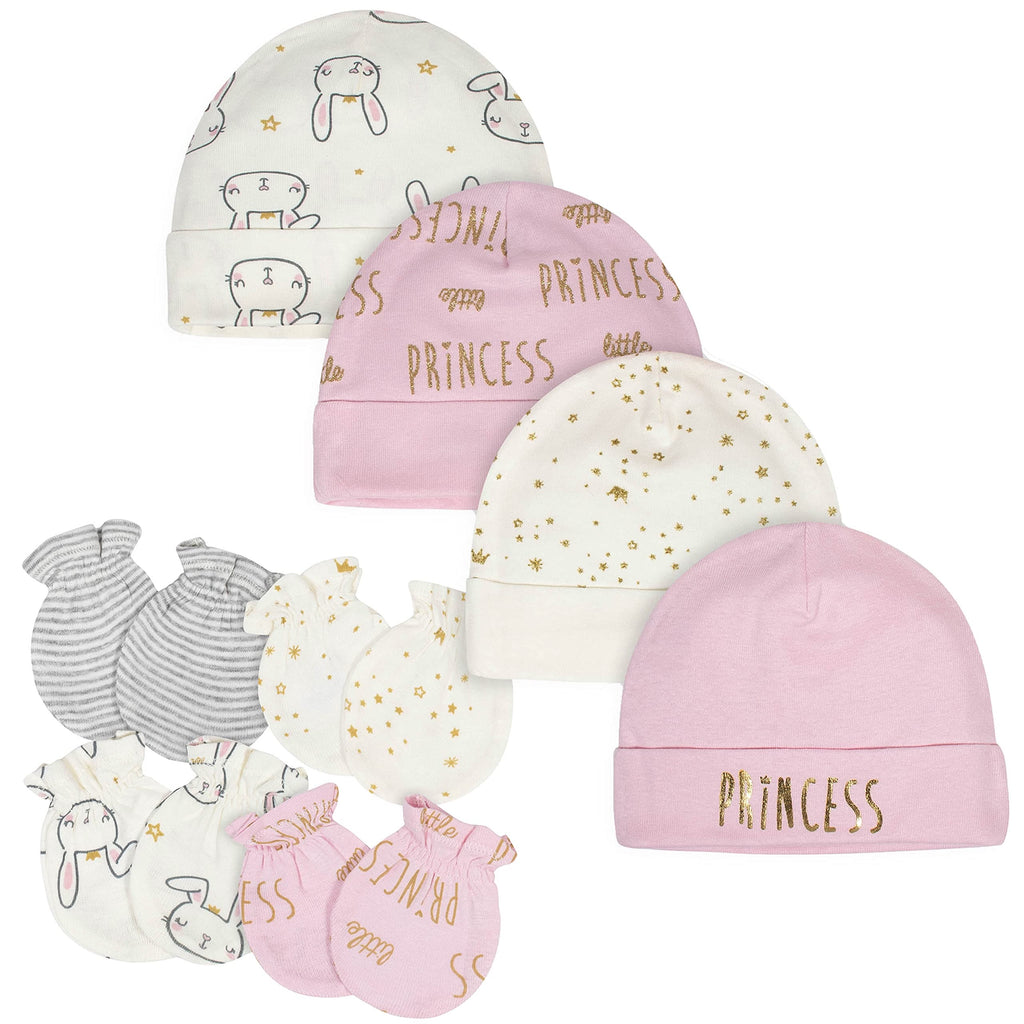 Set 8 Piezas Gorros y Manoplas para Bebé Niña – Rosa Princesa y Estrellas Doradas, 100% Algodón, Recién Nacido a 3 Meses