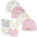 Set 8 Piezas Gorros y Manoplas para Bebé Niña – Rosa Princesa y Estrellas Doradas, 100% Algodón, Recién Nacido a 3 Meses