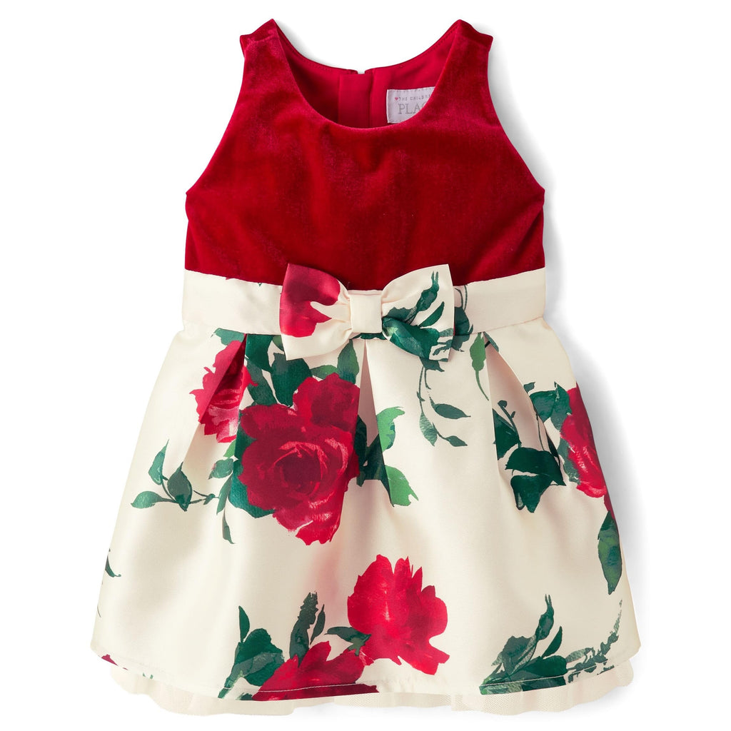 The Children's Place | Vestido Elegante Terciopelo Rojo y Falda Floral Rosas Niña