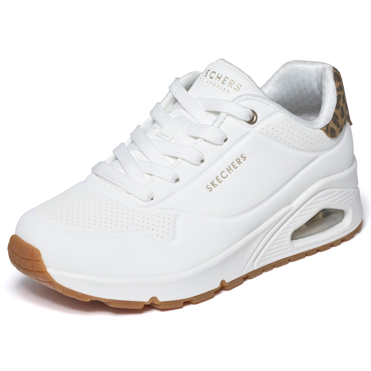 Skechers - Tenis Deportivos de Moda Uno - Jungle Nite con Amortiguación de Aire y Detalle de Leopardo para Mujer (Blanco/Leopardo) (Talla Adulta 35, 38,39,40, y 41)