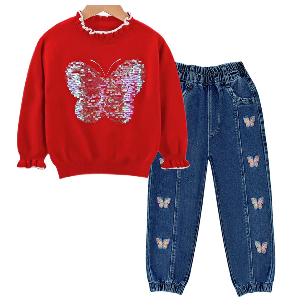 Conjunto 2 Piezas para Niña: Suéter Rojo Mariposa de Lentejuelas Plateadas y Jeans Jogger con Mariposas Bordadas