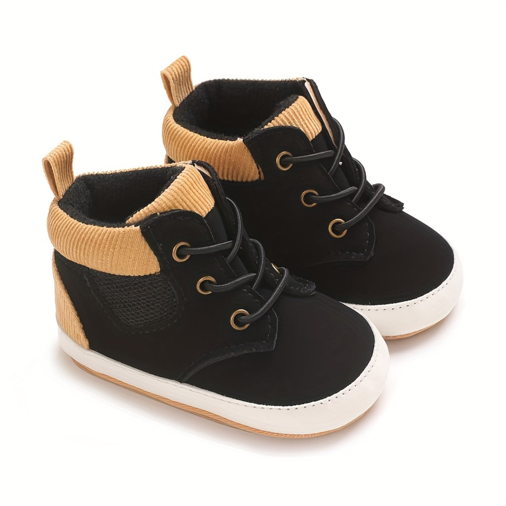 Zapatillas Estilo Botín de Caña Alta para Bebé en Color Negro con Detalles Canelados Camel (Calzado Ligero y Vintage con Suela de Caucho para Otoño/Invierno) (Talla 19- 21)