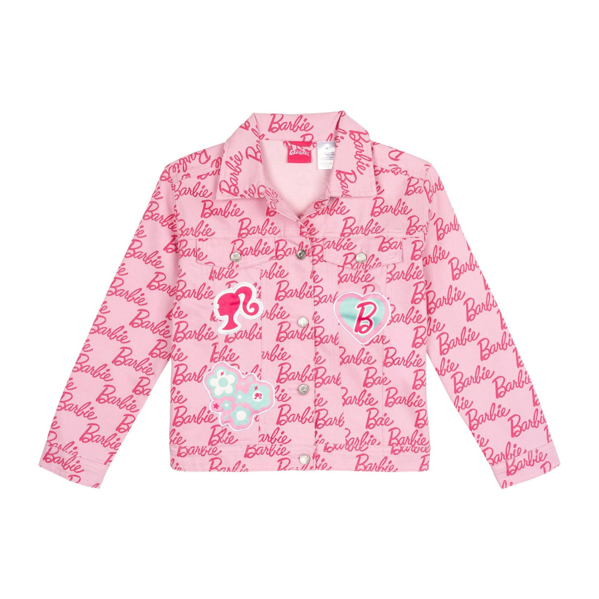 Chaqueta Mezclilla Barbie Oficial | Logo Todo-Sobre + 3 Parches Bordados + Botones Metal Relieve | Niña Rosa (4-16T)