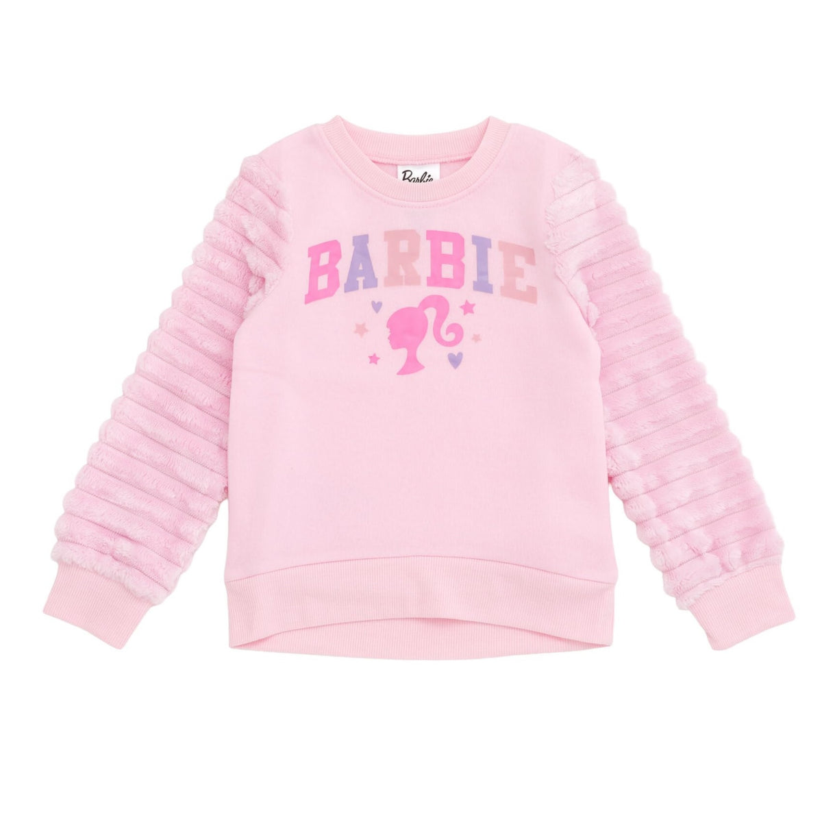 Barbie | Sudadera Nina Manga Larga | Cuerpo Algodon + Mangas Piel Sintetica Felpa Canales | Logo Universitario BARBIE Bicolor Rosa+Lila | Silueta Ponytail + Corazones + Estrellas | Cuello Redondo | Rosa Pastel (2,3,4,5, y 14-16T)