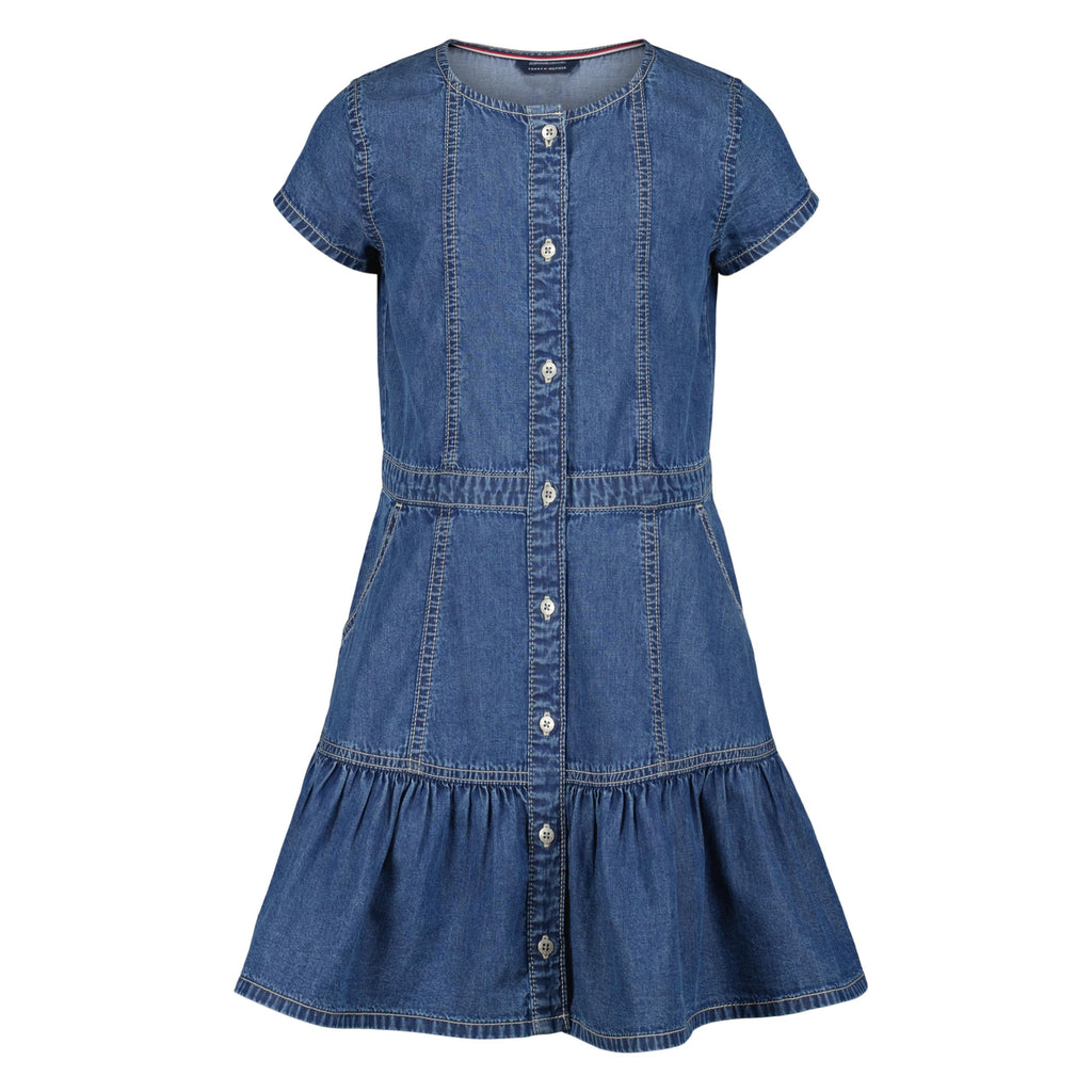 Tommy Hilfiger Vestido Denim Niña | Azul Medio • Manga Casquillo • Cuello Redondo • Volante Inferior • Bandera TH Bordada