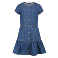 Tommy Hilfiger Vestido Denim Niña | Azul Medio • Manga Casquillo • Cuello Redondo • Volante Inferior • Bandera TH Bordada
