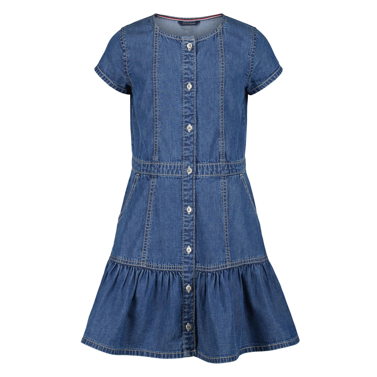 Tommy Hilfiger Vestido Denim Niña | Azul Medio • Manga Casquillo • Cuello Redondo • Volante Inferior • Bandera TH Bordada