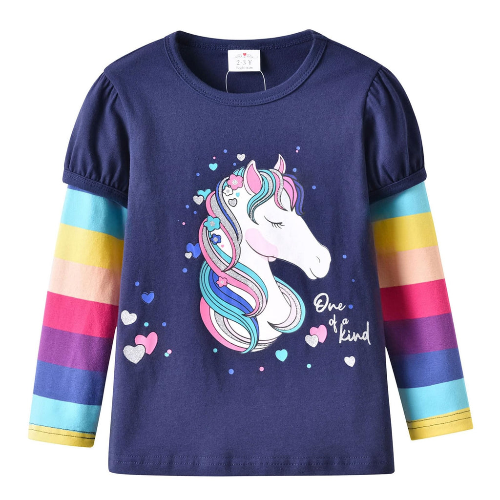 Top de Manga Larga con Unicornio “One of a Kind” para Niñas – Azul Marino con Rayas Arcoíris, Algodón, (2-12 Años)