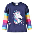 Top de Manga Larga con Unicornio “One of a Kind” para Niñas – Azul Marino con Rayas Arcoíris, Algodón, (2-12 Años)