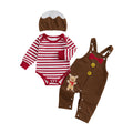 Gingerbread Pudding Boy Set | Conjunto 3 Piezas Bebé — Body Rayas Rojo + Overol Pana Café + Moño Rojo + Gorro Pudding