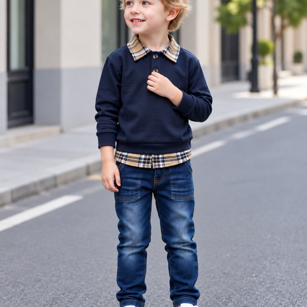 Conjunto de 2 Piezas para Niño: Sudadera de Manga Larga con Cuello de Solapa Estilo 2 en 1 + Pantalón de Mezclilla (Estilo Casual y Escolar para Otoño) (Talla 3Y - 10Y)