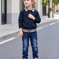 Conjunto de 2 Piezas para Niño: Sudadera de Manga Larga con Cuello de Solapa Estilo 2 en 1 + Pantalón de Mezclilla (Estilo Casual y Escolar para Otoño) (Talla 3Y - 10Y)