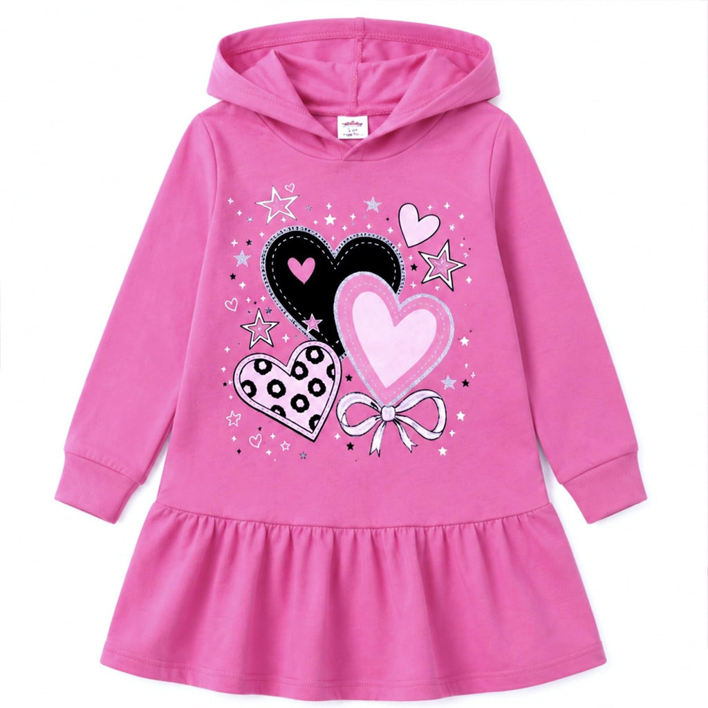 Vestido hoodie rosa fucsia de manga larga con gráfico de corazones y estrellas y volante en el ruedo para niñas