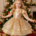 Vestido de Princesa para Niña: Vestido de Noche y Fiesta Dorada con Lentejuelas Brillantes, Volantes en los Hombros y Falda de Tul (Estilo Banquetes y Navidad) (Solo 7 - 8Y)