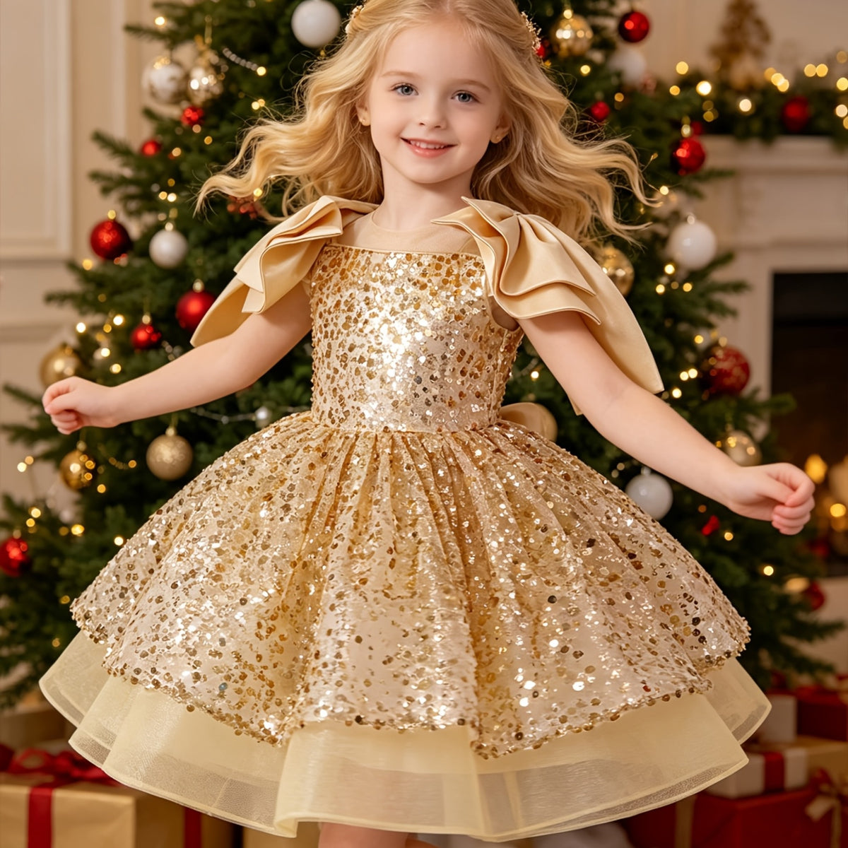 Vestido de Princesa para Niña: Vestido de Noche y Fiesta Dorada con Lentejuelas Brillantes, Volantes en los Hombros y Falda de Tul (Estilo Banquetes y Navidad) (Solo 7 - 8Y)