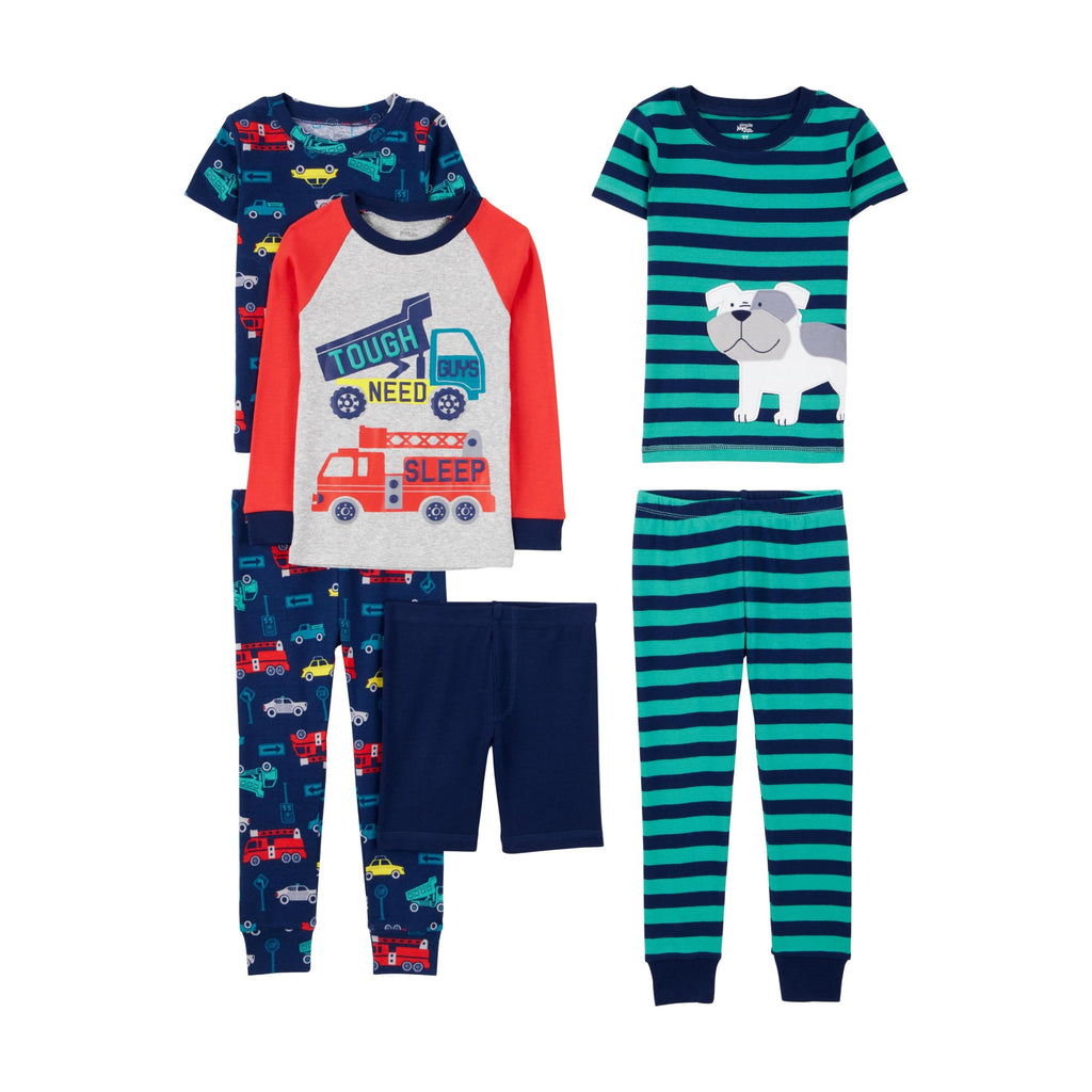 Set Pijama 6 Piezas Simple Joys by Carter's | Short Incluido + Vehículos + “Tough Boys” + Perro Rayas | Niño Navy/Teal (6M -4T)