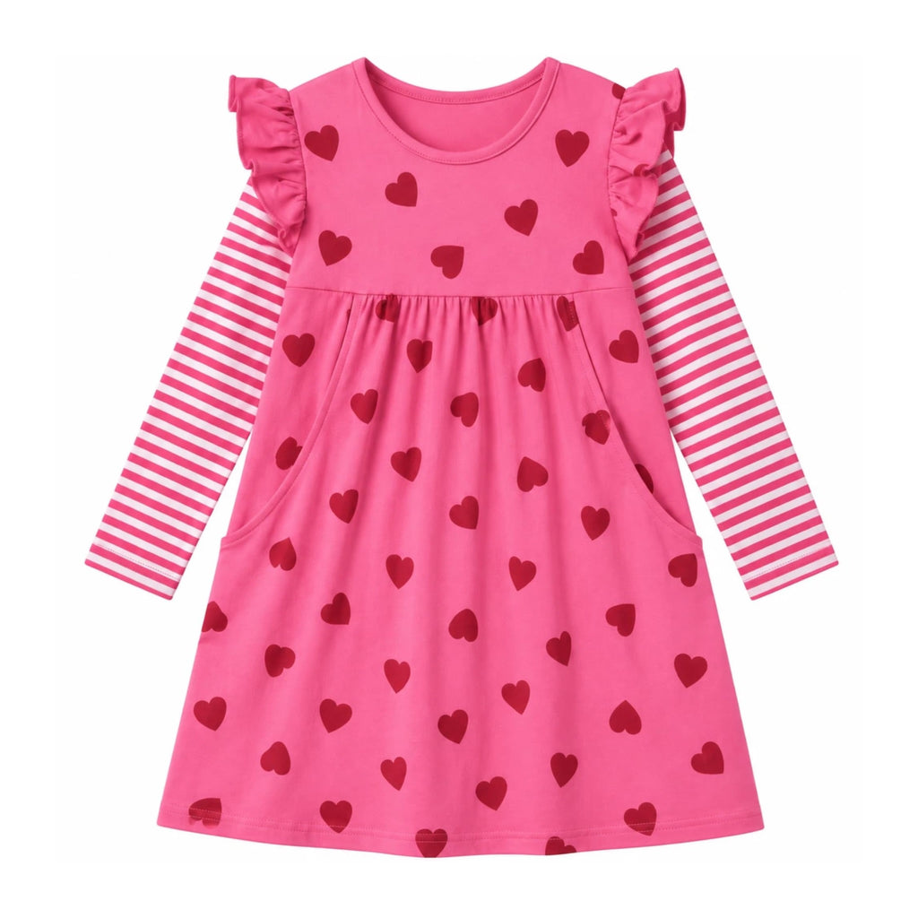 Vestido Niña | Algodón + All-Over Corazones Rojos + Manga Flutter Rayas Fucsia/Blanco + Bolsillos | Fucsia (3T - 8T)