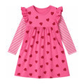 Vestido Niña | Algodón + All-Over Corazones Rojos + Manga Flutter Rayas Fucsia/Blanco + Bolsillos | Fucsia (3T - 8T)