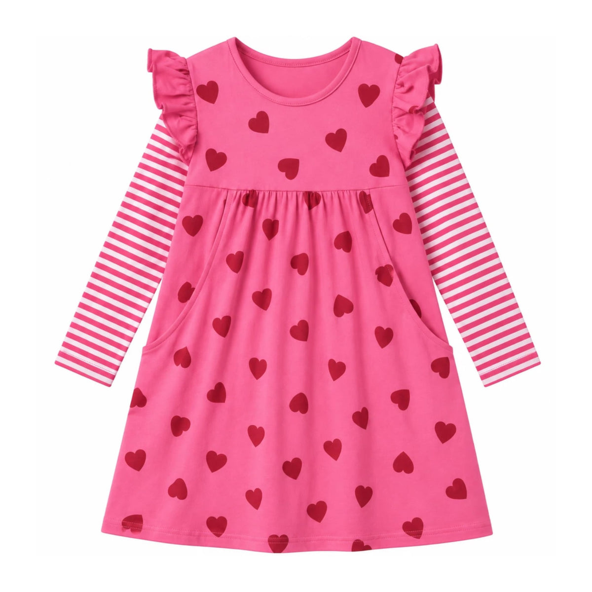 Vestido Niña | Algodón + All-Over Corazones Rojos + Manga Flutter Rayas Fucsia/Blanco + Bolsillos | Fucsia (3T - 8T)